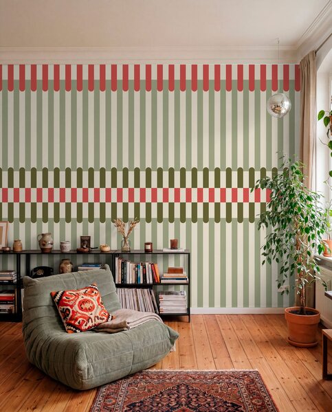 Tapet Model în dungi în nuanțe de verde și coral, Fototapet Geometrie, w05150v4 : Uwalls.ro