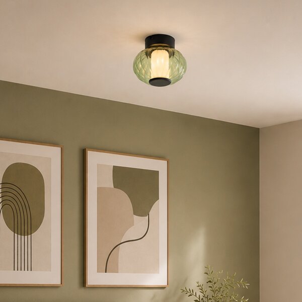 Plafonieră de design neagră 18cm cu sticlă verde, inclusiv LED reglabil în 3 trepte - Margherite