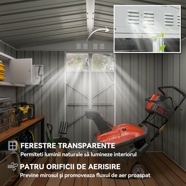 Outsunny Șopron de Grădină cu 4 Guri de Ventilație, 2 Ferestre și Acoperiș Înclinat, 246x117x161/180 cm, Gri Închis | Aosom Romania