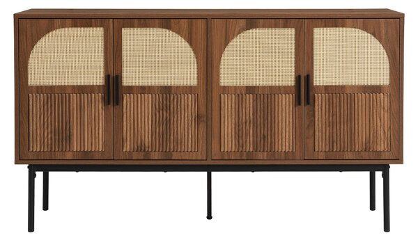 Bufet modern cu ratan, cu 4 uși și mult spațiu de depozitare, design retro-natural, 140x40x80 cm, Culoare naturală