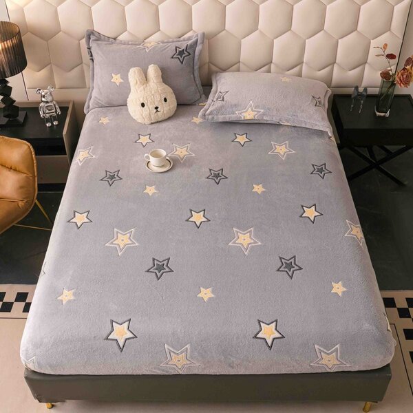 Husa de pat cu elastic, cocolino, 230x250 cm, 2 fete de perna, gri cu stele