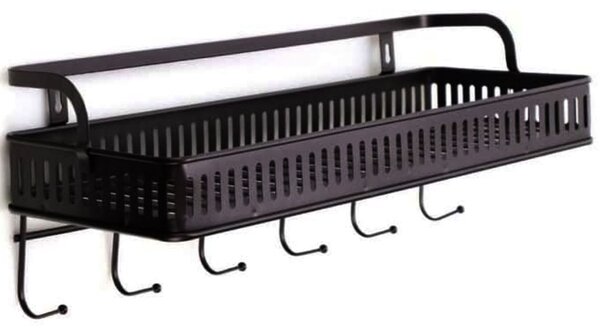 Raft metalic multifunctional Pufo Cuisine cu suport si 6 cuiere pentru condimente si ustensile de bucatarie, 44 x 16 cm, maro