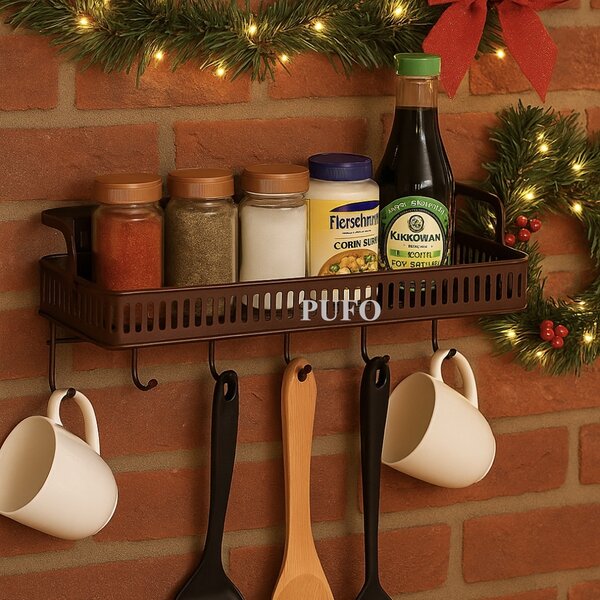 Raft metalic multifunctional Pufo Cuisine cu suport si 6 cuiere pentru condimente si ustensile de bucatarie, 44 x 16 cm, maro