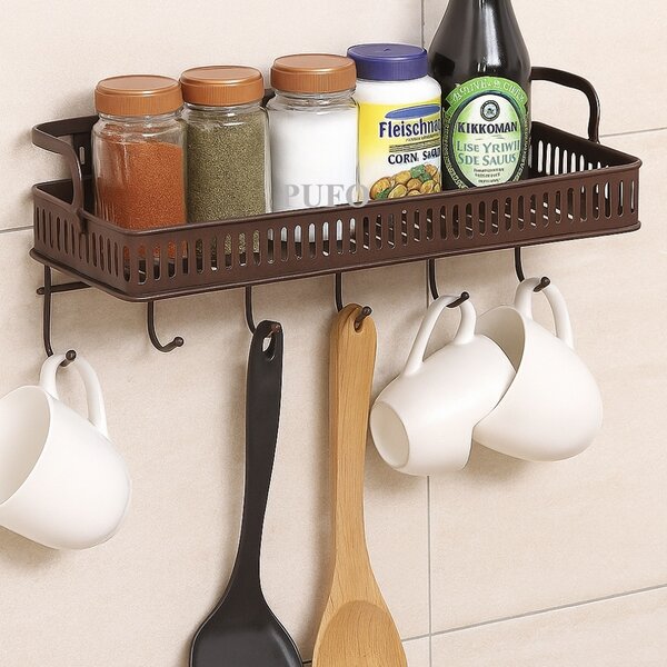 Raft metalic multifunctional Pufo Cuisine cu suport si 6 cuiere pentru condimente si ustensile de bucatarie, 44 x 16 cm, maro