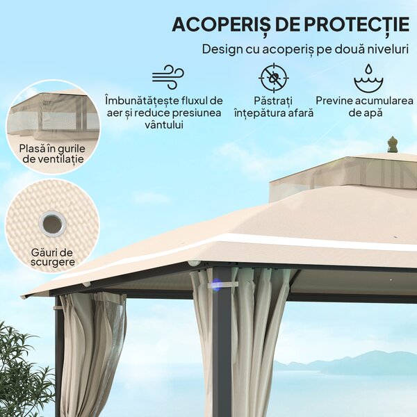 Outsunny Pavilion pentru Exterior cu Baldachin, Acoperiș Dublu, Plasă și Draperii, 370x303x290 cm, Bej | Aosom Romania
