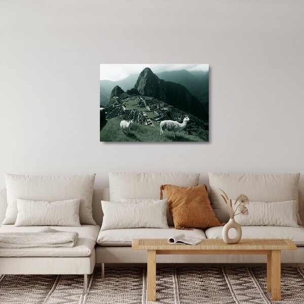 Tablou pe sticlă - Lamas la Machu Picchu în Peru (70x50 cm)