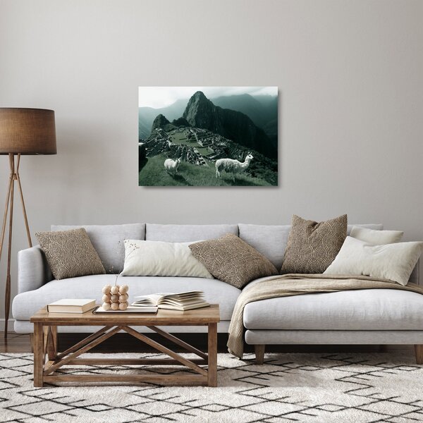 Tablou pe sticlă - Lamas la Machu Picchu în Peru (70x50 cm)