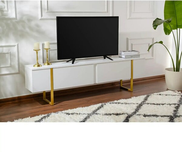 Comoda TV SERENITY, alb/auriu, PAL/metal, 180x30x50 cm