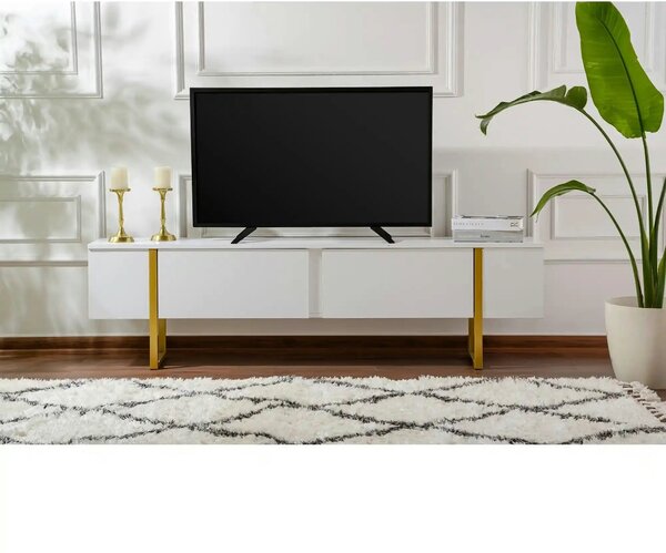 Comoda TV SERENITY, alb/auriu, PAL/metal, 180x30x50 cm