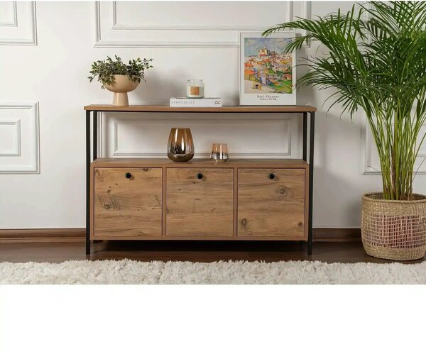 Comoda SOLACE, pin atlantic/negru, PAL/metal, 120x30x77 cm