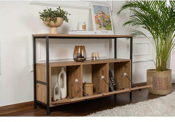 Comoda SOLACE, pin atlantic/negru, PAL/metal, 120x30x77 cm