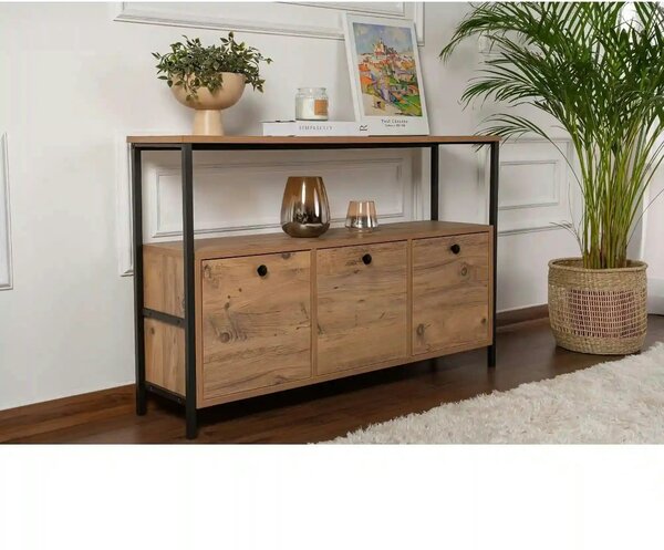 Comoda SOLACE, pin atlantic/negru, PAL/metal, 120x30x77 cm