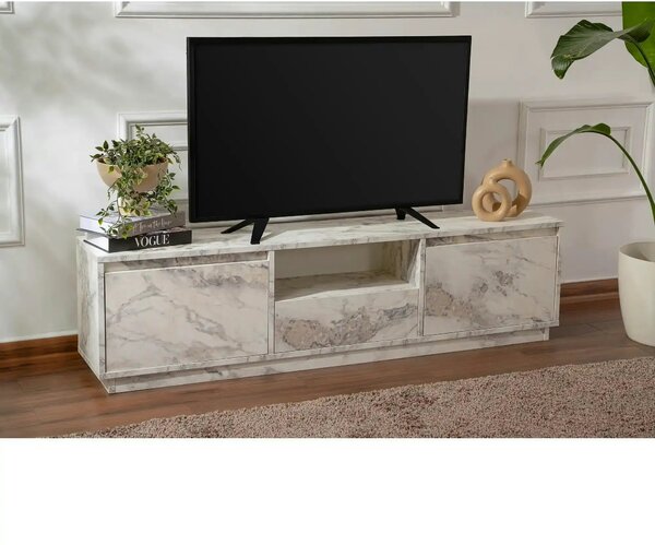 Comoda TV VANGUARD, alb cu efect de marmura, PAL, 160x30x42 cm
