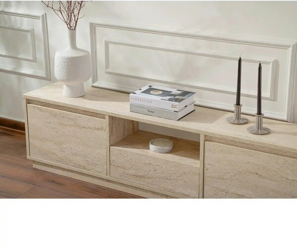 Comoda TV VANGUARD, bej cu efect de piatra travertin, PAL, 160x30x42 c