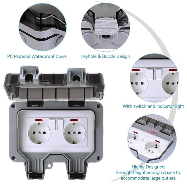 Priza dubla exterior, Model Standard European, 250V/16A, IP66, rezistenta la apa si praf, gri cu intrerupatoare individuale