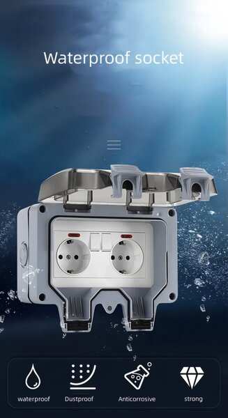 Priza dubla exterior, Model Standard European, 250V/16A, IP66, rezistenta la apa si praf, gri cu intrerupatoare individuale
