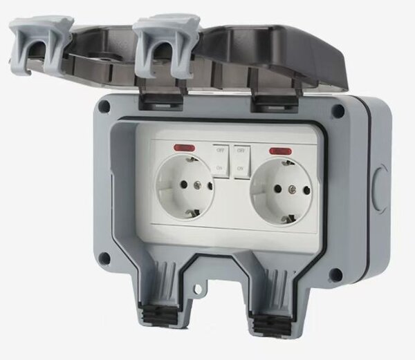 Priza dubla exterior, Model Standard European, 250V/16A, IP66, rezistenta la apa si praf, gri cu intrerupatoare individuale