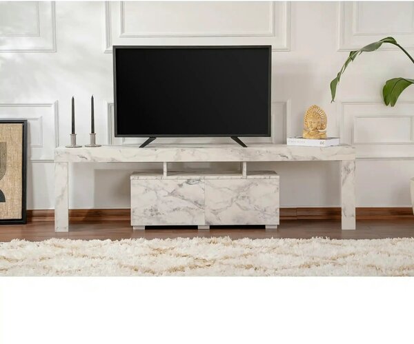 Comoda TV ENCLAVE, alb cu efect de marmura, PAL, 180x32x50 cm