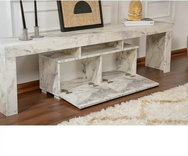 Comoda TV ENCLAVE, alb cu efect de marmura, PAL, 180x32x50 cm