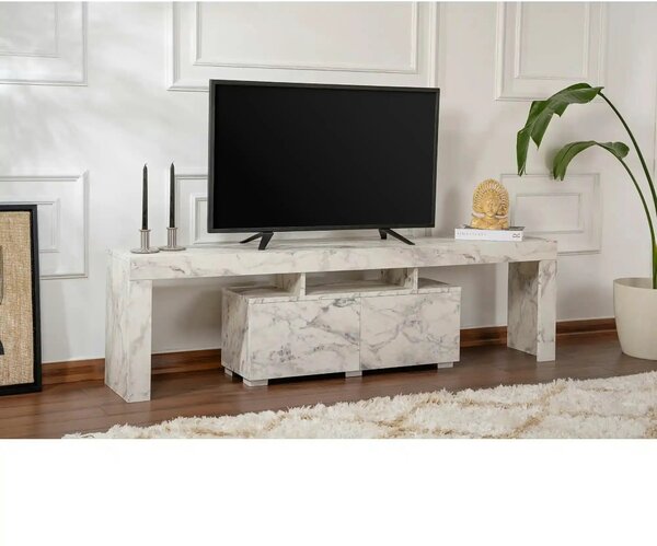 Comoda TV ENCLAVE, alb cu efect de marmura, PAL, 180x32x50 cm