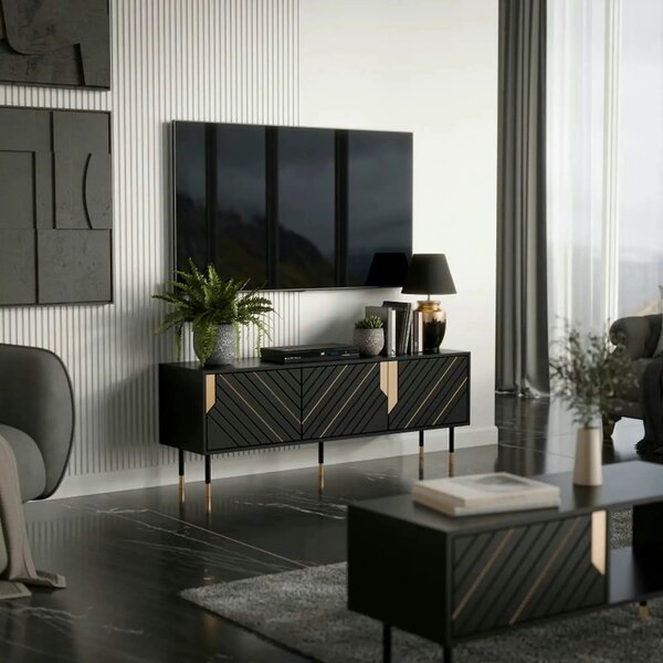 Comoda TV MOUNTAIN, PAL laminat, negru/auriu, 154x40x55 cm
