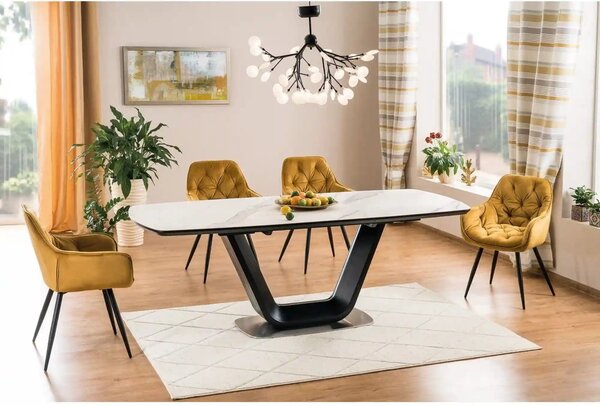 Masa extensibila ARMANI, alb cu efect de marmura/negru, 160/220x90x76