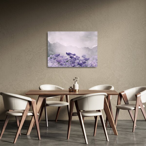 Tablou pe sticlă - Flori mov în munți (70x50 cm)