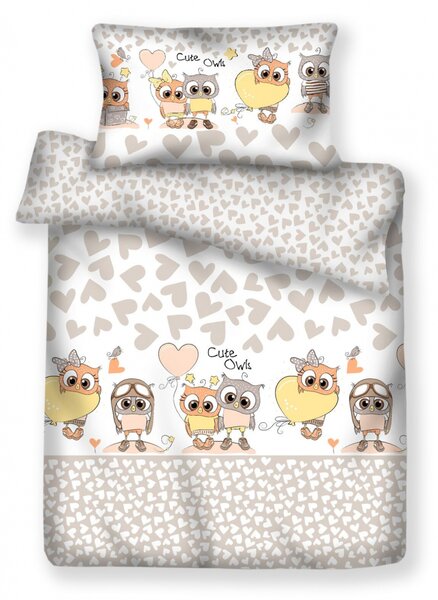 Set lenjerie din bumbac cu protectie laterala pentru pat bebelusi 120x60cm Bufnita Bej