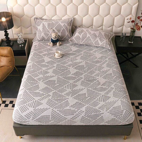 Husa de pat cu elastic, cocolino, 230x250 cm, 2 fete de perna, geometric gri-crem