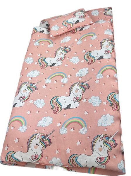 Lenjerie de pat 3 piese cu cearceaf plapumioara si pernuta slim 120x60 cm unicorni