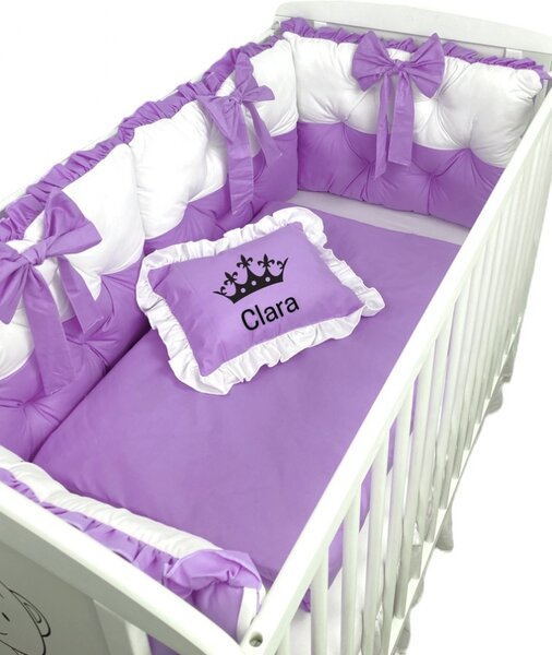 Lenjeria de pat Personalizata cu 4 perne aparatori matlasate, cearceaf cu volanas, pilota si pernuta 120x60 cm violet