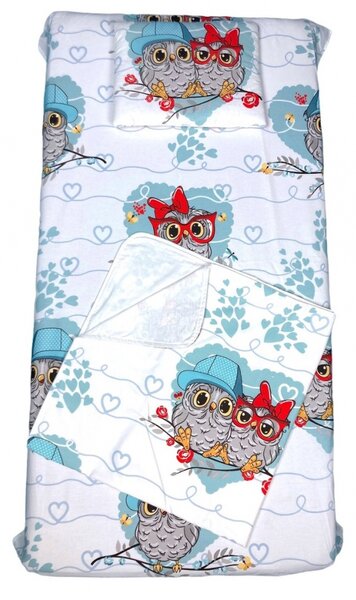 Set 3 piese paturica cu cearsaf si pernuta 120x60 cm Familia de bufnite blue
