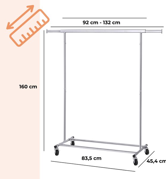 Suport pentru haine INEZ cu roți, max.90kg, 83,5x45x160cm, argintiu Jurhan