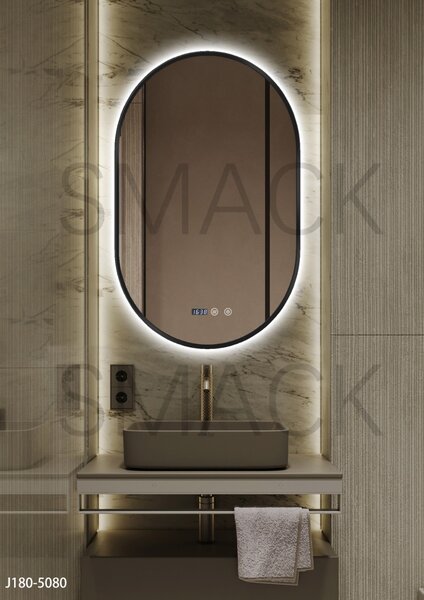 Oglindă LED Touch Premium, Dezaburire, Rama Negra, 3 Tipuri Lumină 50/80 cm
