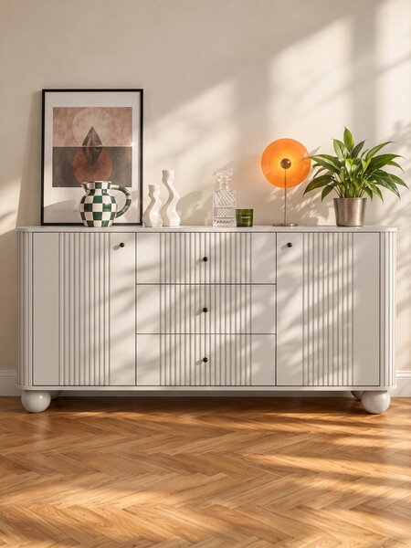 Comodă cu sertare Vesper 160 cm - cașmir / mânere negre / picioare sferice