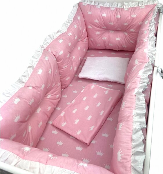 Set 6 aparatori protectii laterale patut 120x60 cm Coronite albe pe roz