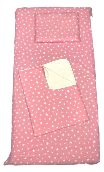 Set 3 piese paturica cu cearsaf si pernuta 120x60 cm Stelute pe roz