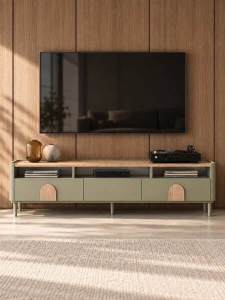 Comodă TV Amilio 200 cm cu sertare - eucalipt / stejar baltic dune / mânere stejar natural