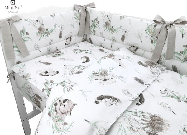 Lenjerie patut 3 piese cu protectie laterala Australian Animals Beige din bumbac pentru patut 120x60 cm