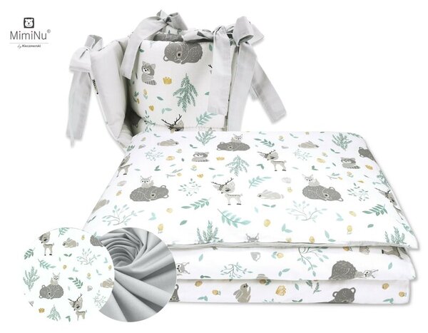 Lenjerie patut 3 piese cu protectie laterala Forest friends Grey/Mint din bumbac pentru patut 120x60 cm
