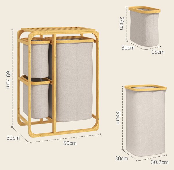 HOMCOM Coș pentru Rufe cu 3 Saci și Rafturi Detașabile din Material Textil din Bambus, 50x32x69,7 cm, Alb Crem | Aosom Romania