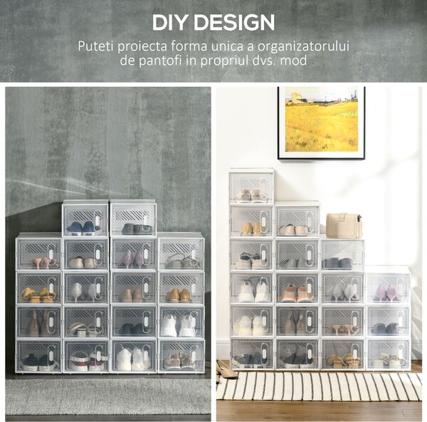 HOMCOM Dulap Dreptunghiular pentru Încălțăminte, Economisire Spațiu, 18 Cutii Transparente din Plastic PP, 25x35x19 cm | Aosom Romania