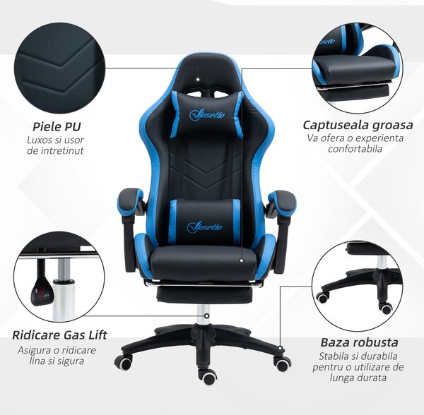 Scaun de gaming din piele ecologica PU si otel cu inaltime reglabila si spatar inclinabil, 65x65x121-129 cm, albastru si negru | Aosom Romania