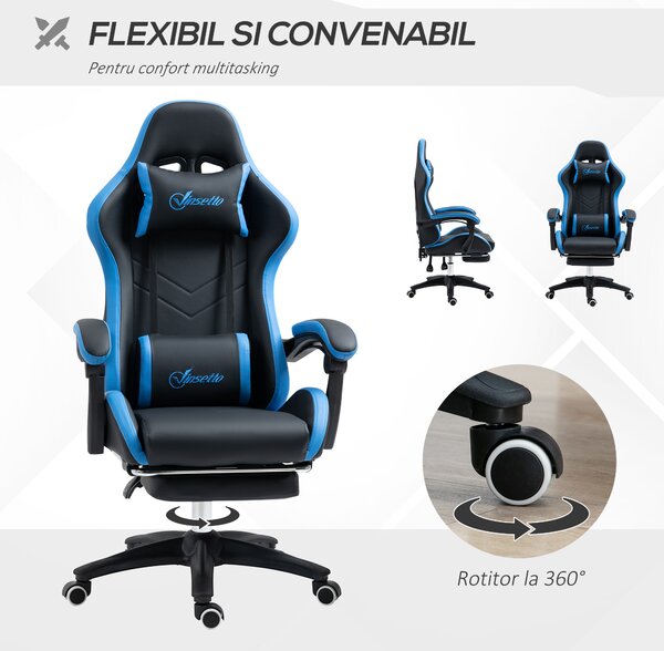 Scaun de gaming din piele ecologica PU si otel cu inaltime reglabila si spatar inclinabil, 65x65x121-129 cm, albastru si negru | Aosom Romania