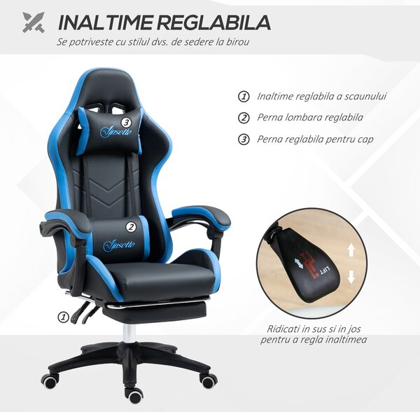 Scaun de gaming din piele ecologica PU si otel cu inaltime reglabila si spatar inclinabil, 65x65x121-129 cm, albastru si negru | Aosom Romania