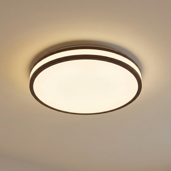 Lindby Plafonieră LED Emiva, Ø 40 cm, lemn de culoare închisă, CCT, Lemn, Camera de zi / sufragerie, Lemn, Modern