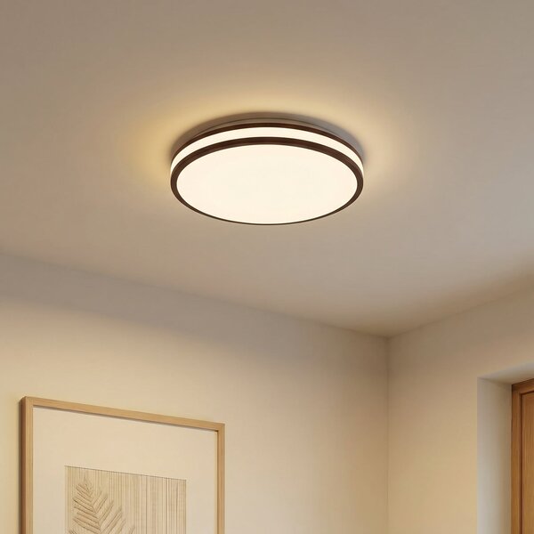 Lindby Plafonieră LED Emiva, Ø 40 cm, lemn de culoare închisă, CCT, Lemn, Camera de zi / sufragerie, Lemn, Modern
