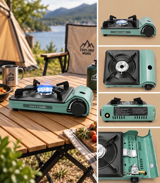 Plită portabilă de camping pe gaz de 3500 W (alimentată cu cartușe) cu geantă de transport, verde