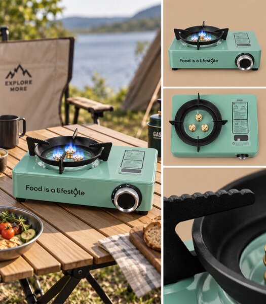 Aragaz portabil pe gaz pentru camping, de 3500 W, cu geantă de transport, verde