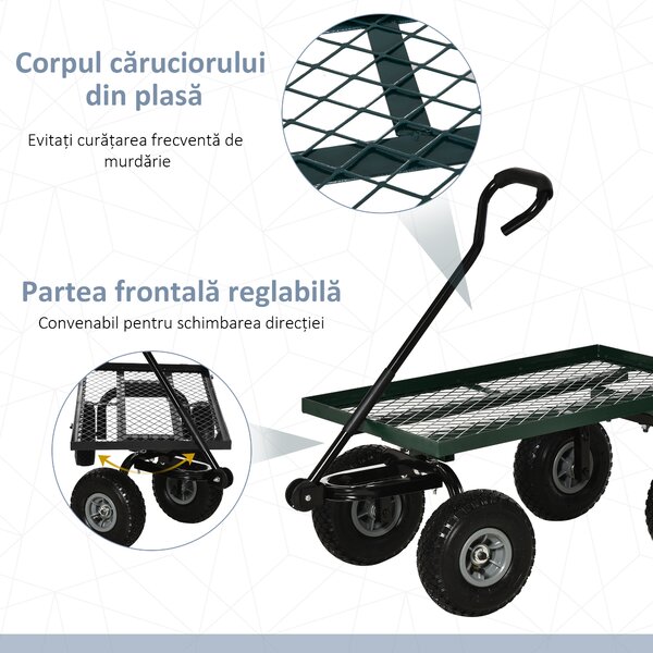 Outsunny Roabă de Grădină cu Mâner și 4 Roți Mari, Capacitate 150 kg, 94x48,5x100 cm, Verde | Aosom Romania